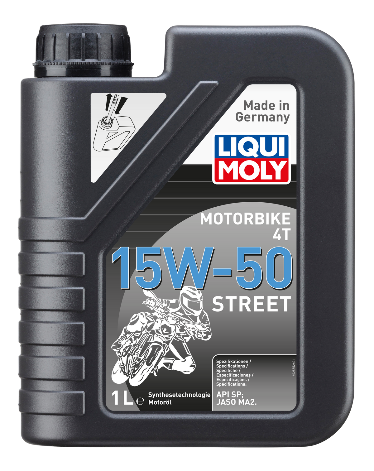 Liqui Moly Motorbike 4T 15W-50 Street motorcycle engine oil container with label and cap on a plain background