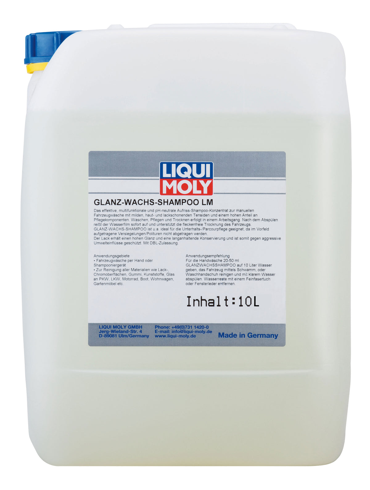 Liqui Moly Gloss Waxing Shampoo 10L container for car detailing, showcasing the product label and packaging.