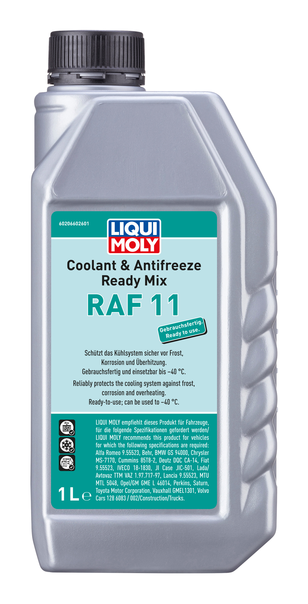 Liqui Moly Coolant Ready Mix RAF11 in a container, designed for vehicle cooling systems with vibrant blue liquid inside.