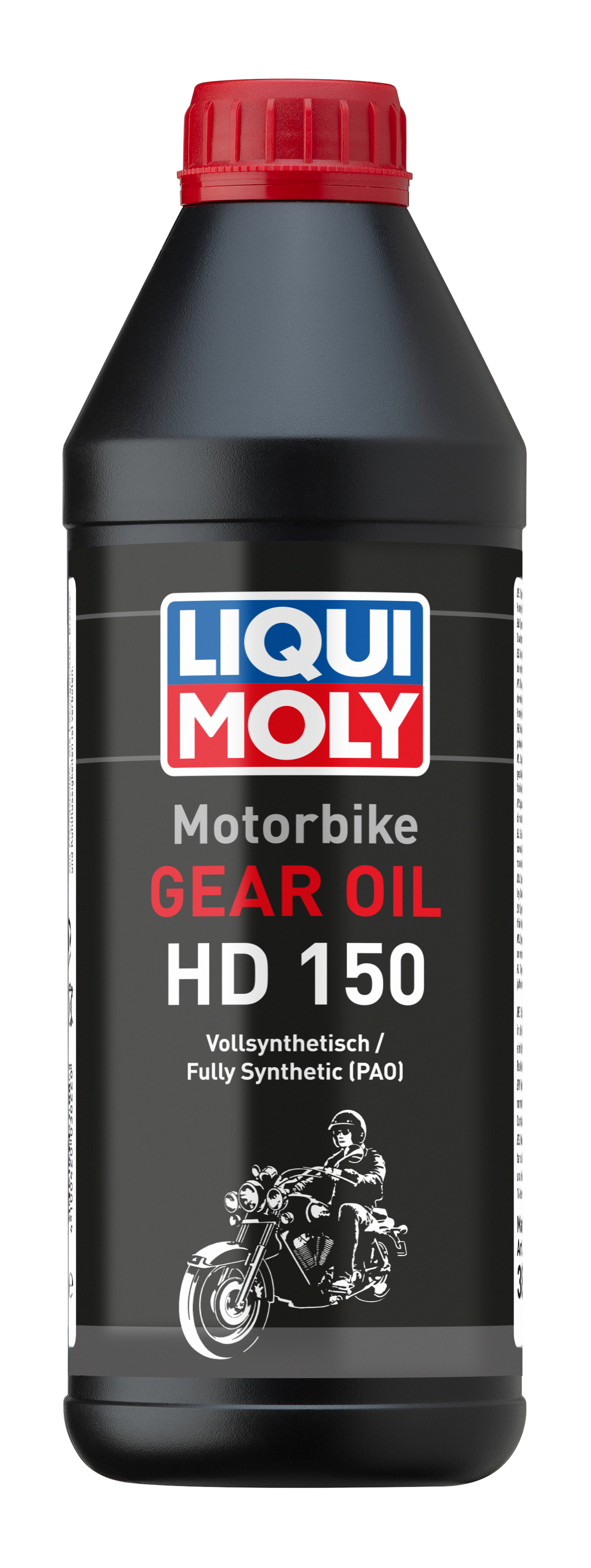 Liqui Moly Motorbike Gear Oil HD 150 1L bottle, motorcycle gear oil container with label and cap, on a plain background.