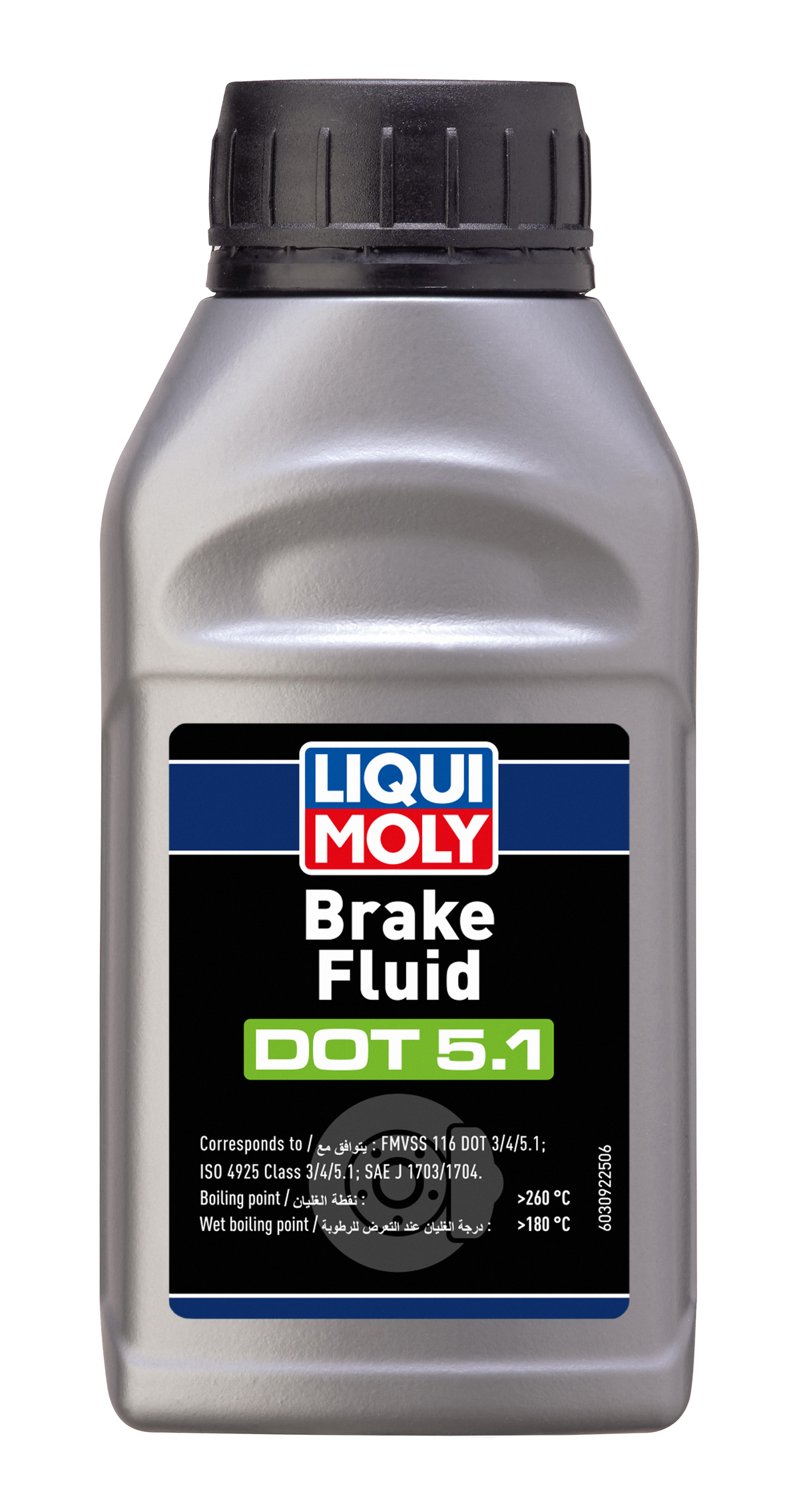 Liqui Moly Brake Fluid Dot 5.1 in a bottle, used for vehicle brake systems, with clear labeling and safety instructions visible.