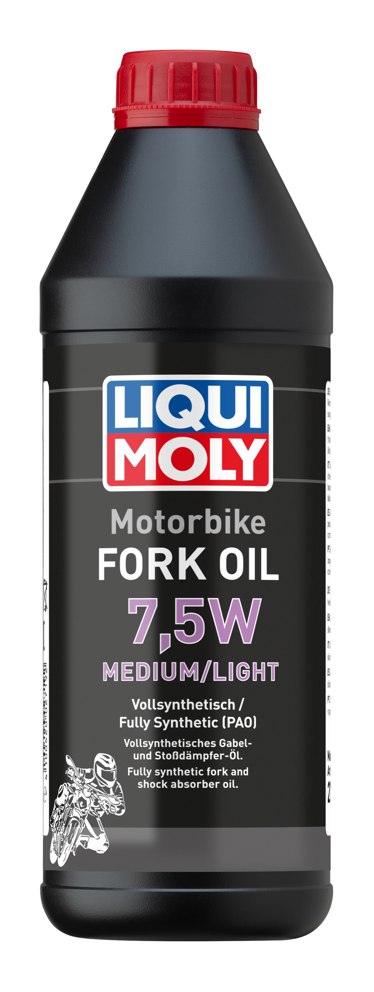Liqui Moly motorbike fork oil 7.5W medium/light in a clear container for motorcycle suspension maintenance.