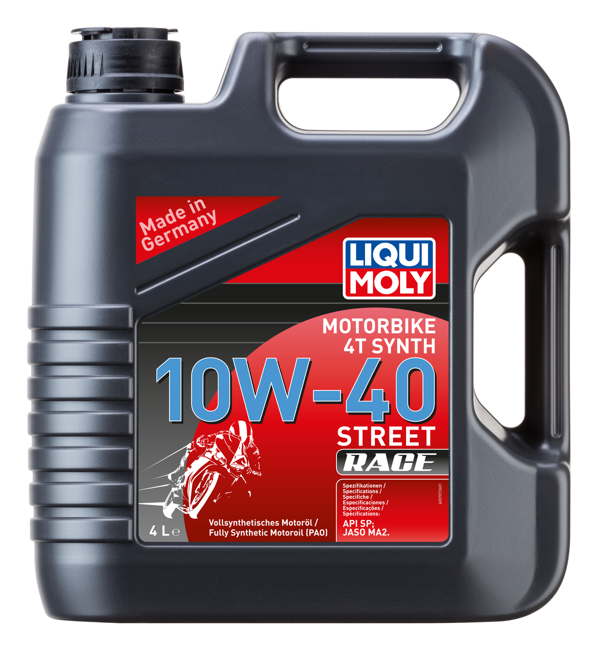Liqui Moly Motorbike 4T Synth 10W-40 Street Race motorcycle engine oil bottle with label and cap.