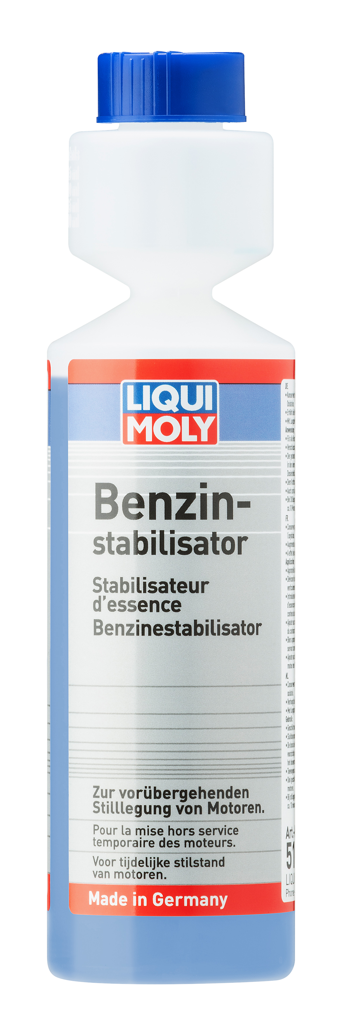 Liqui Moly Petrol Stabiliser 250ml bottle shown, an additive for fuel preservation and engine treatment in vehicles.