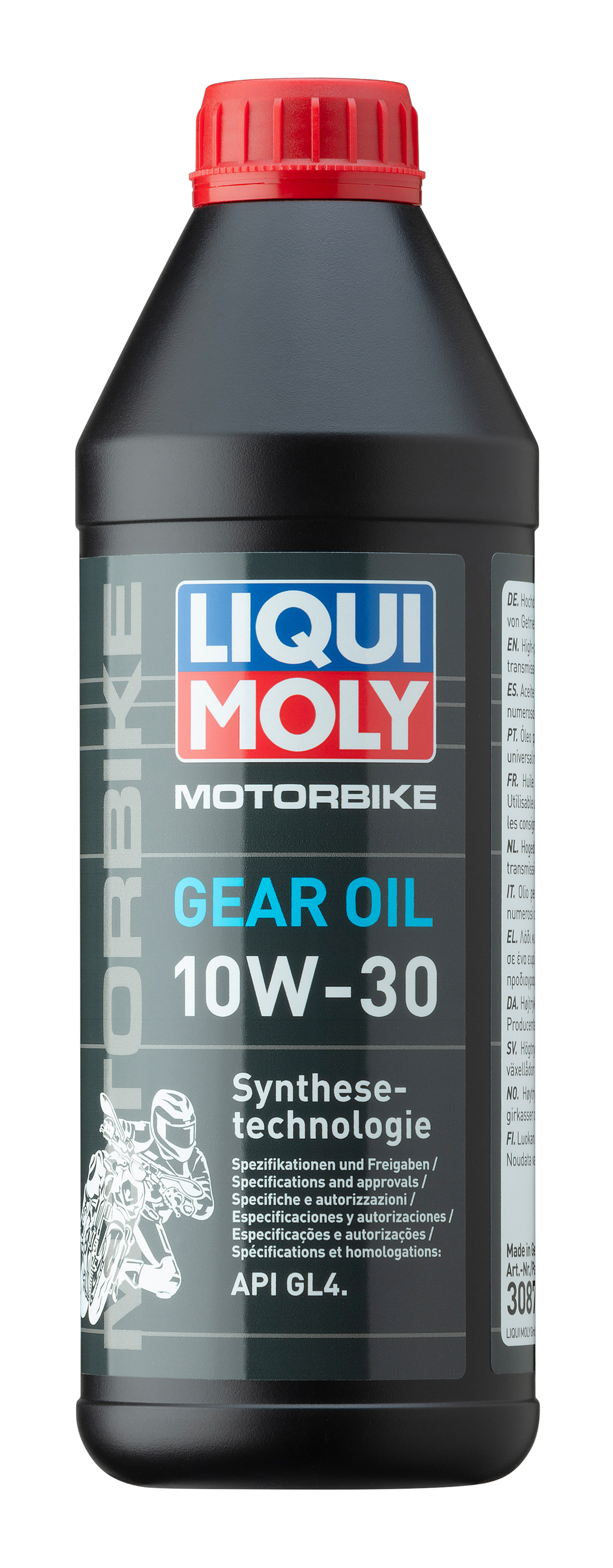 Liqui Moly motorbike gear oil 10W-30 1L container with label showing product details for motorcycle transmission lubrication.
