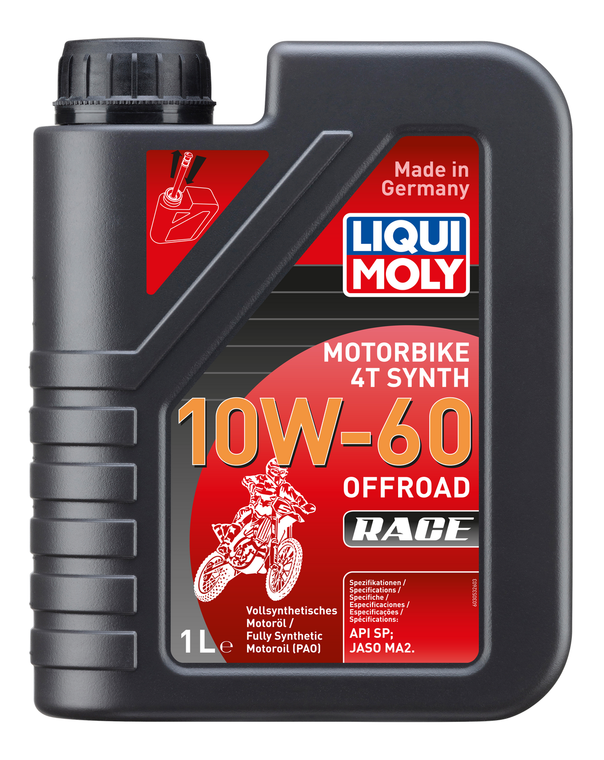 Liqui Moly Motorbike 4T Synth 10W-60 Offroad Race motorcycle oil container with label and cap.