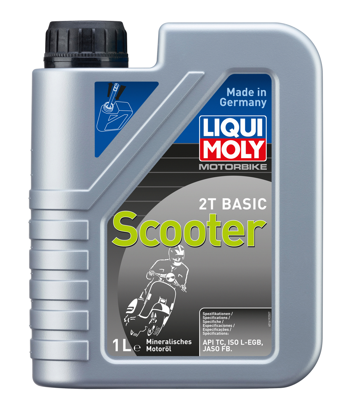 Liqui Moly Motorbike 2T Basic Scooter motorcycle oil bottle with label and cap, designed for two-stroke scooters.
