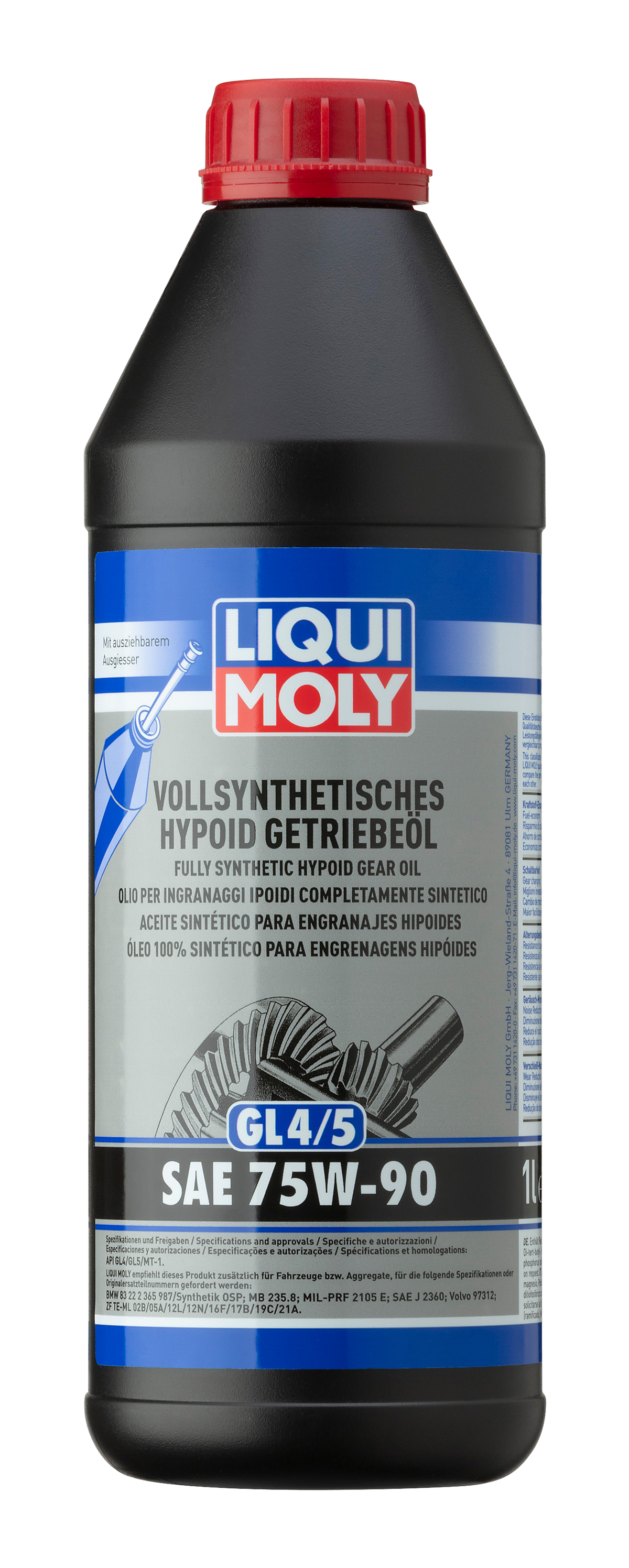 Liqui Moly Fully Synthetic Hypoid Gear Oil GL4/5 75W-90 for gearbox, showing the oil container with branding and product label.