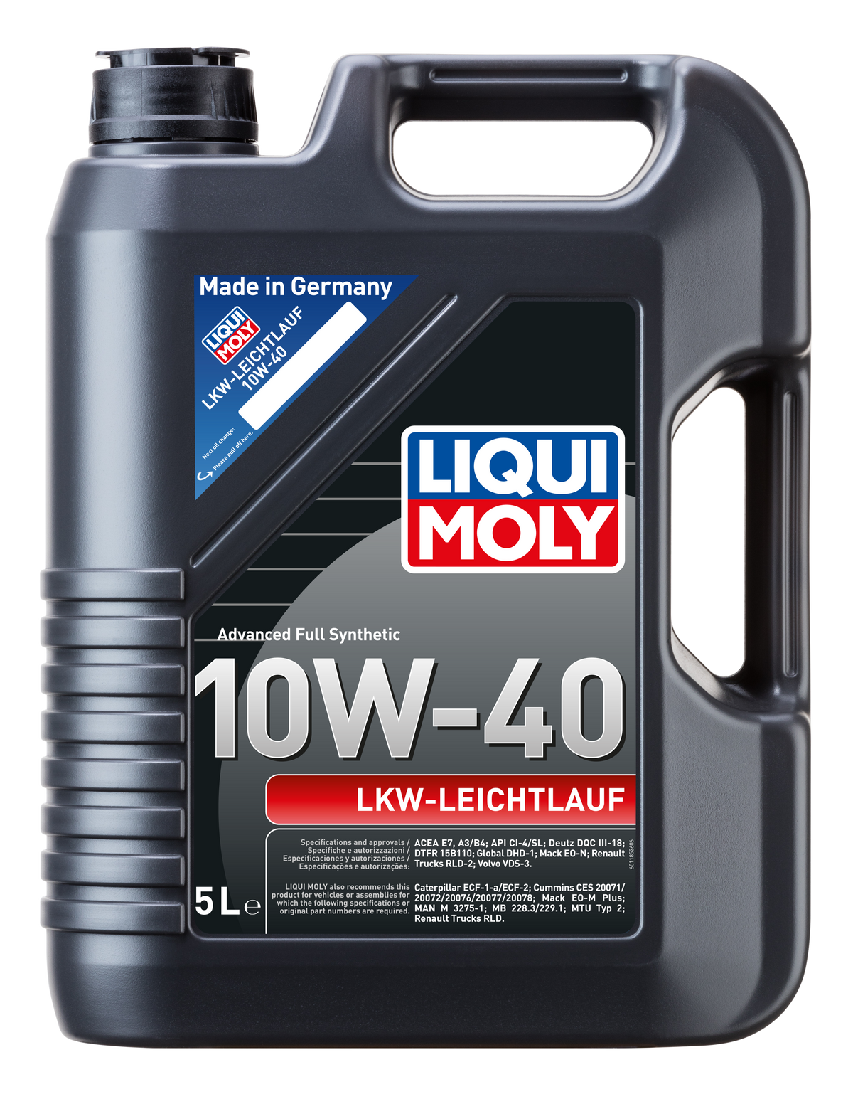 Liqui Moly Truck Low-Friction 10W-40 motor oil container, commercial and agricultural engine oil product, with label visible.
