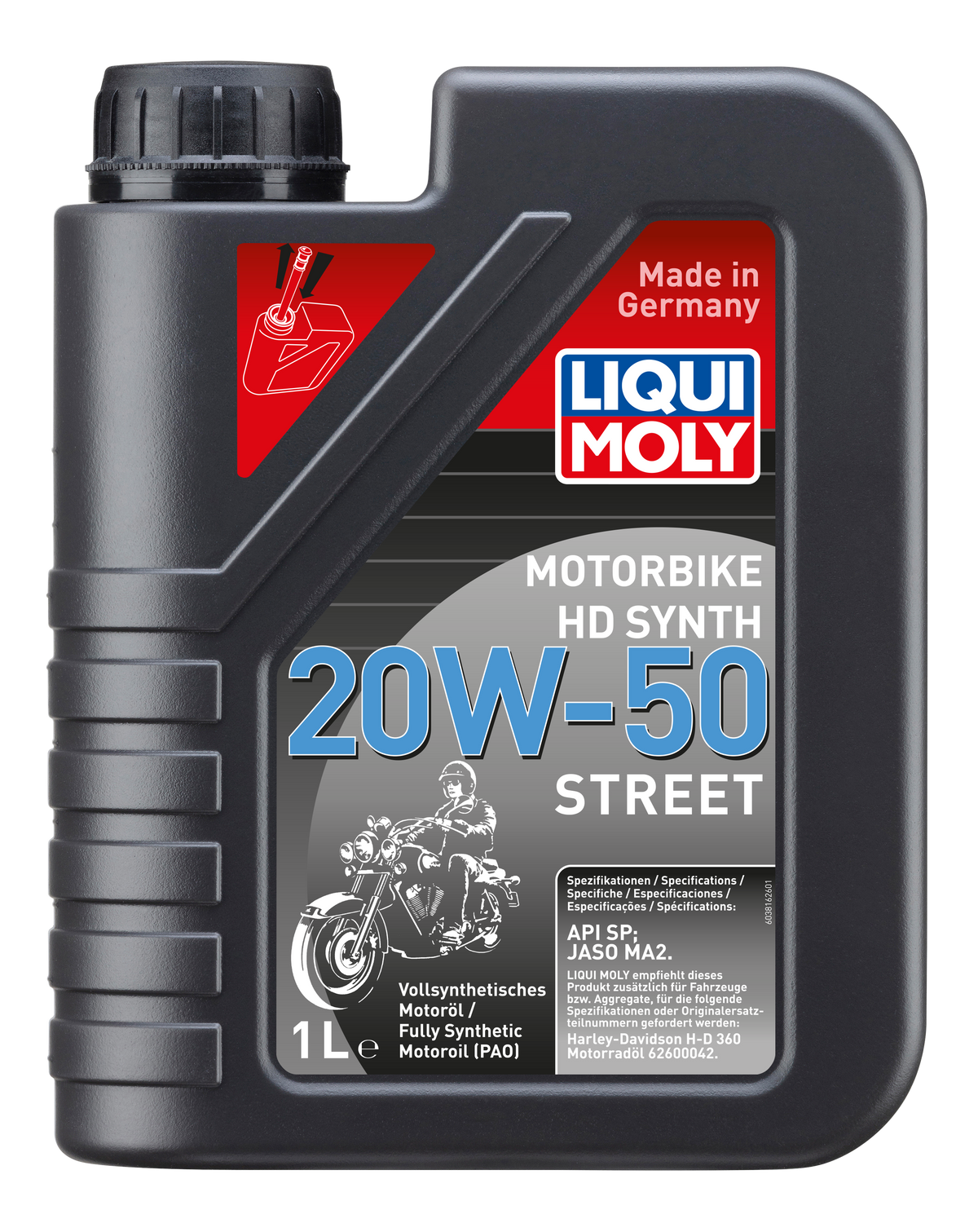 Liqui Moly Motorbike HD Synth 20W-50 street motorcycle engine oil container with label and cap.