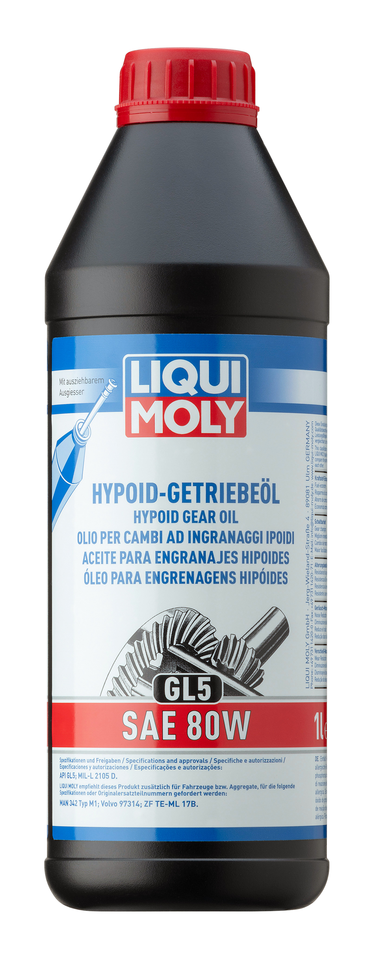 Liqui Moly Hypoid Gear Oil GL5 SAE 80W gearbox fluid container with label showing product details and branding.