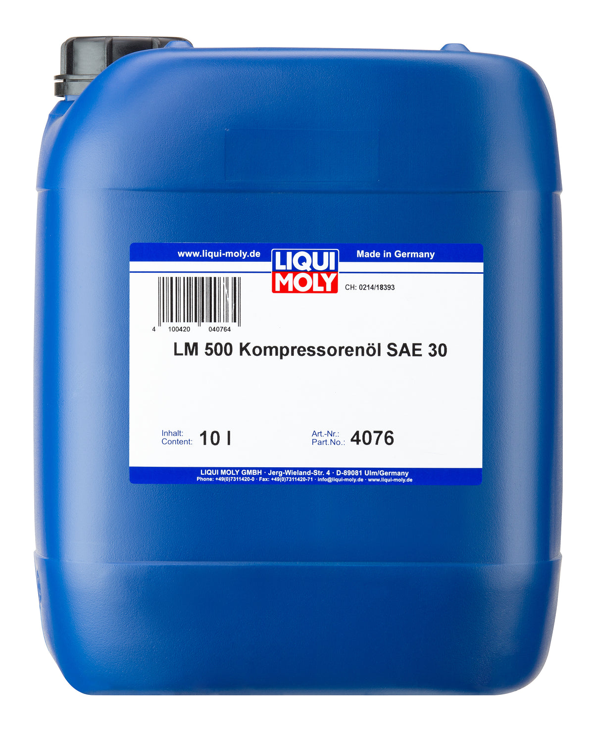 Liqui Moly LM 500 Compressor Oil SAE 30 10L bottle for commercial and agricultural use, with label visible.