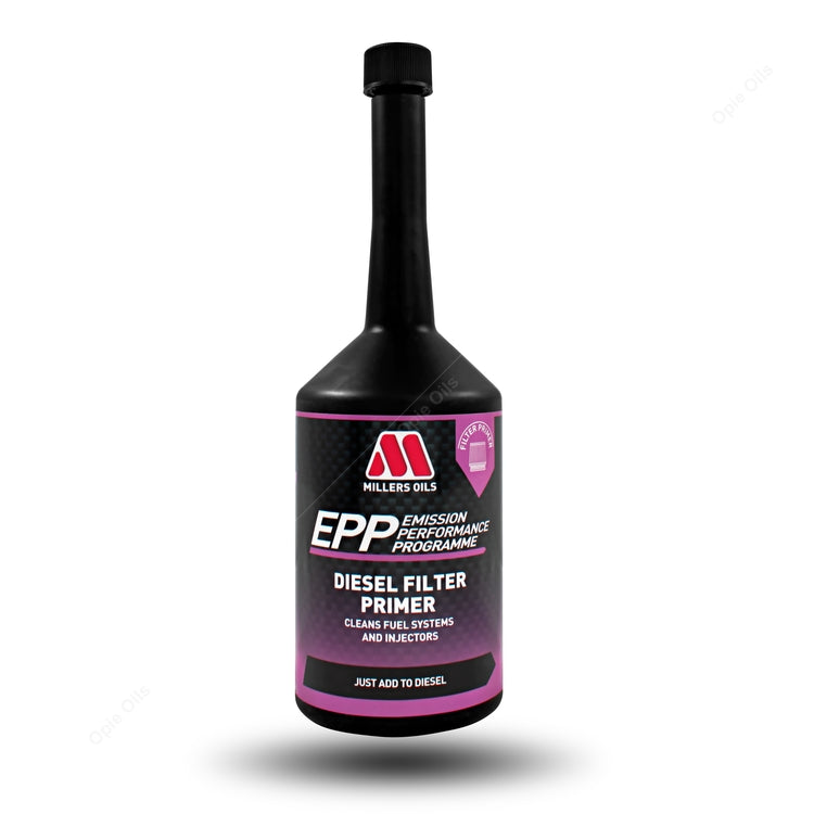 Millers Oils EPP Diesel Filter Primer 500ml bottle, additive for diesel engine fuel systems, shown in a clear image.