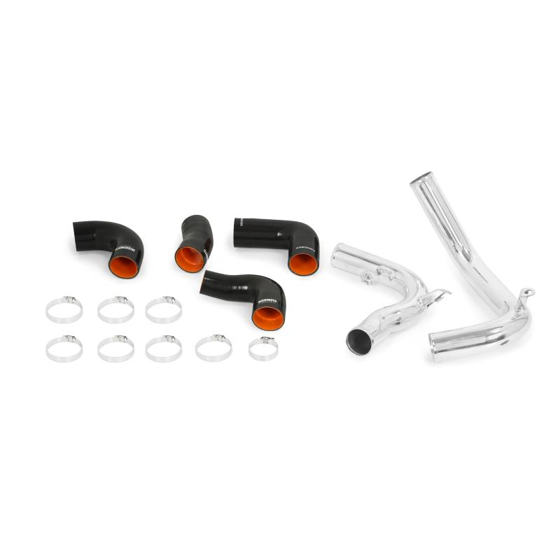 MISHIMOTO intercooler pipe kit for Volkswagen MK7 GTI and Golf R 2015+, showcasing the radiator pipes in the kit.