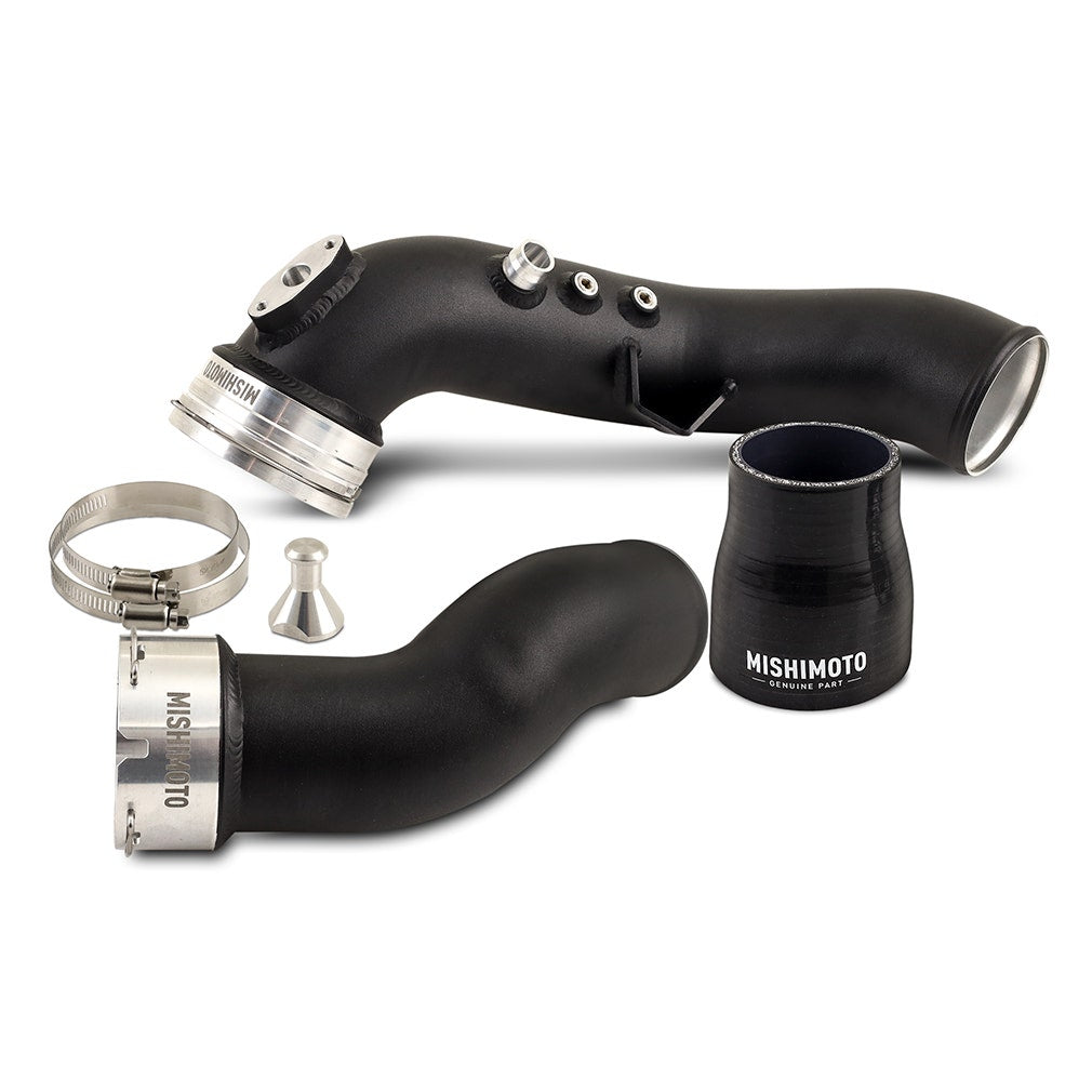 MISHIMOTO performance charge pipe kit for BMW N55 engine, showing polished metal pipe with connectors and clamps.