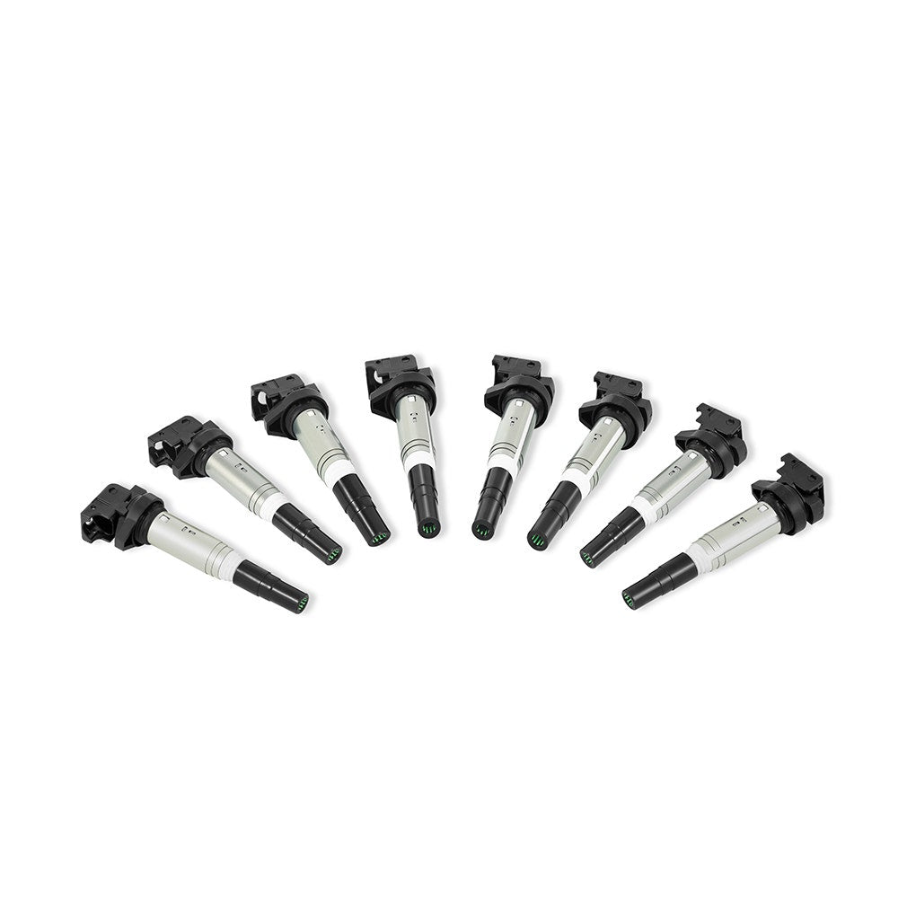 MISHIMOTO ignition coil for BMW engines including M54, N20, N52, N54, N55, N62, S54, and S62 models, engine parts.