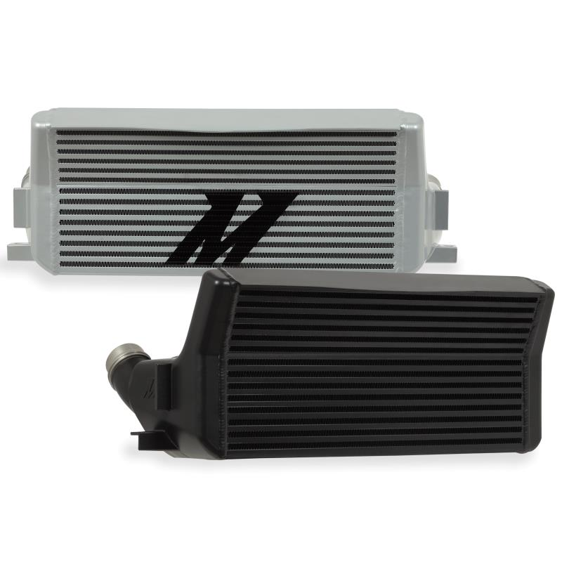 MISHIMOTO performance intercooler for BMW F22 F30 2012-2016, showing the sleek black aluminum core and inlet/outlet ports.