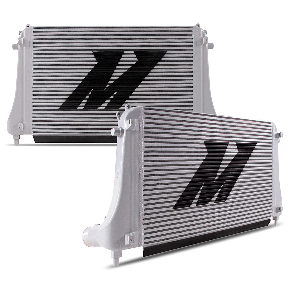 MISHIMOTO performance intercooler radiator for Volkswagen MK7 and MK8 Golf TSI, GTI, and R models from 2015+ installed in engine bay