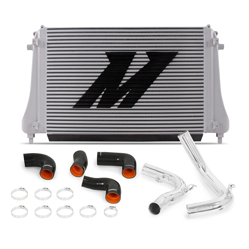 MISHIMOTO performance intercooler radiator installed in a Volkswagen Golf TSI/GTI, showing the sleek, durable cooling fins and brand logo.