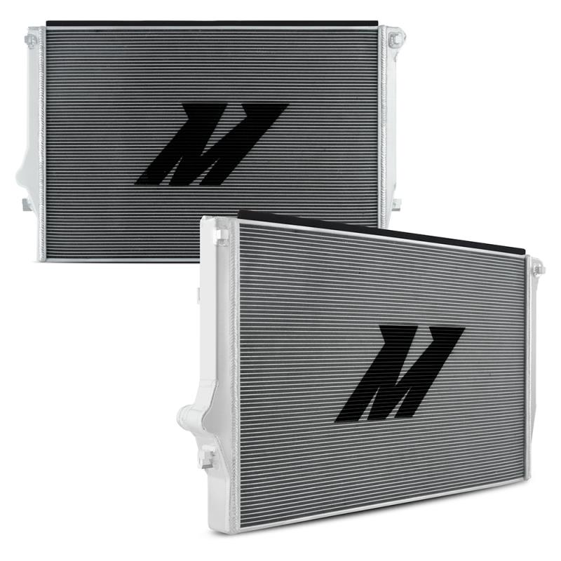 MISHIMOTO performance aluminum radiator for Volkswagen MK7 Golf TSI/GTI/R 2015+, showing sleek metallic finish and radiator fins.
