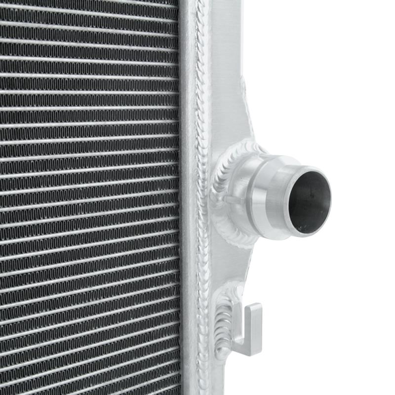MISHIMOTO performance aluminum radiator for Volkswagen MK7 Golf TSI/GTI 2015+ showing sleek, lightweight design and fitting details