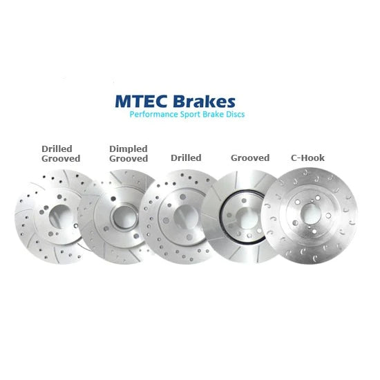 MTEC front performance brake discs installed on a BMW 1 Series M135i/M140i F20/F21, showing drilled and slotted design.
