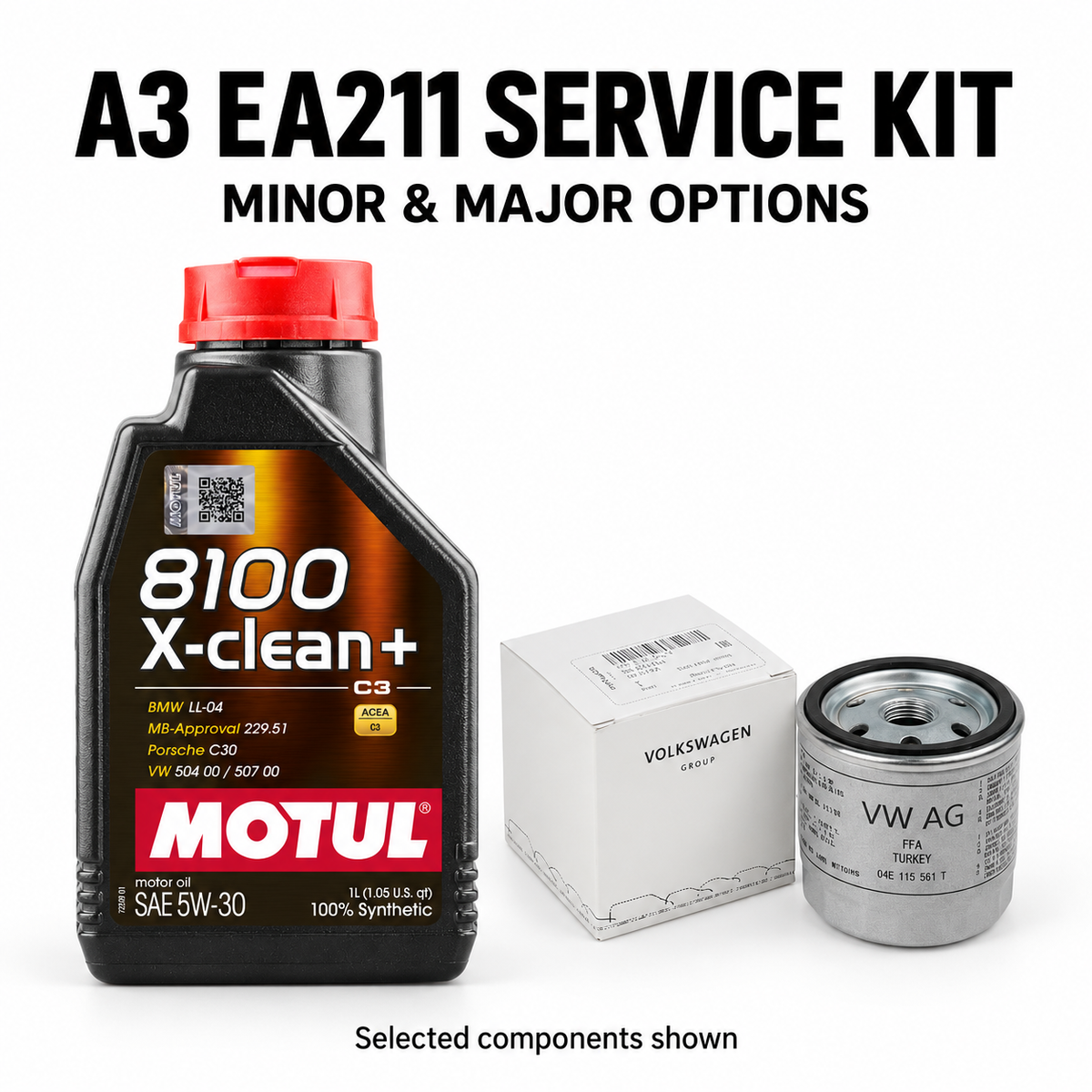 Audi A3 EA211 minor and major service kit options; selected oil and filter shown
