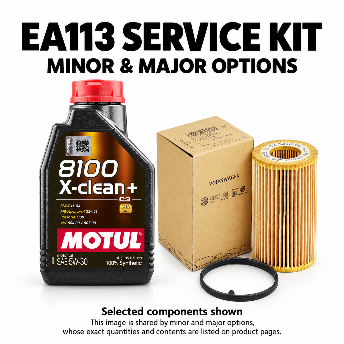 VW Golf Mk6 GTI Edition 35 EA113 Minor Service Kit – selected Motul oil and genuine oil filter shown; full quantities and contents listed separately