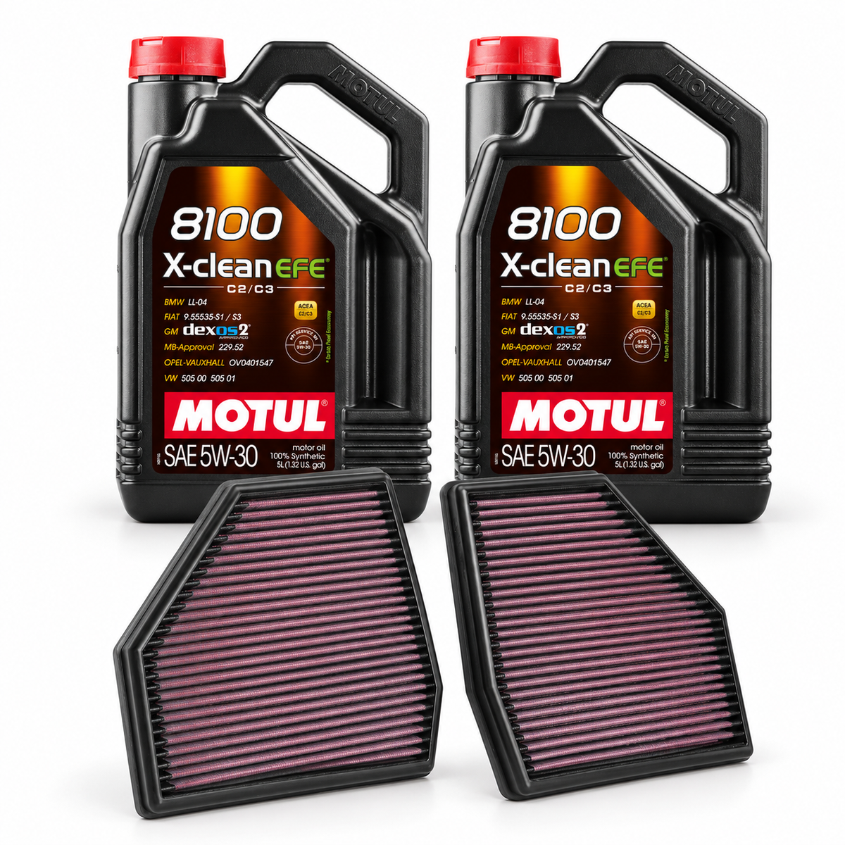 BMW S63 F90 M5 / F91 F92 F93 M8 major service kit – two Motul 5L bottles and K&N filter pair; selected components