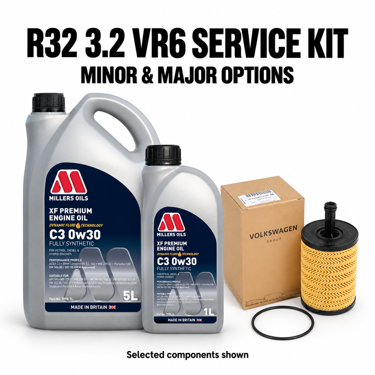 VW Golf Mk5 R32 3.2 VR6 Major Service Kit – selected Millers oil and genuine oil filter shown; full quantities and contents listed separately