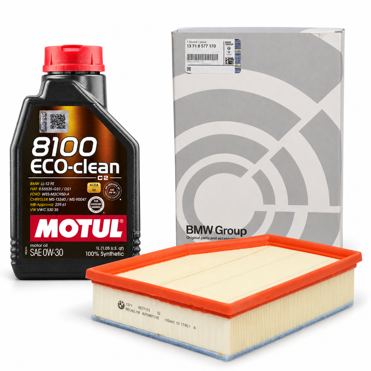 Selected Motul 0W-30 oil and Genuine BMW air filter 13718577170; see each major service kit for full quantities and remaining components.