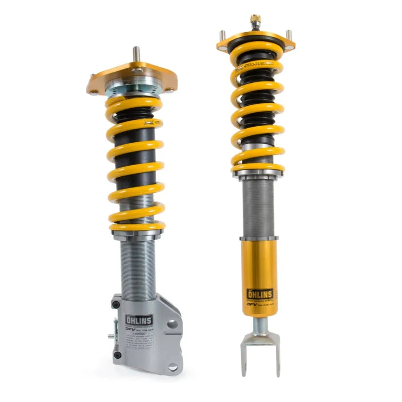 Ohlins Road & Track Coilovers DFV 1-way for Mitsubishi Lancer Evo 7-9, featuring adjustable coilover suspension components.