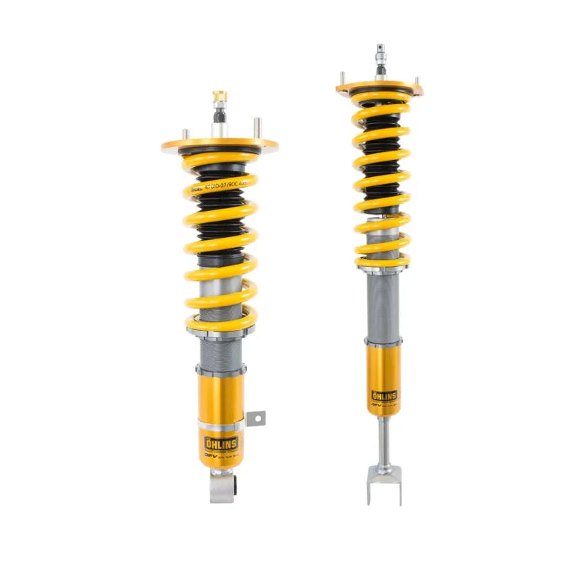 Ohlins Road & Track Coilovers DFV 1-way for Nissan Skyline GT-R R33 R34 1993-2002, TUV approved, showing the coilover suspension.