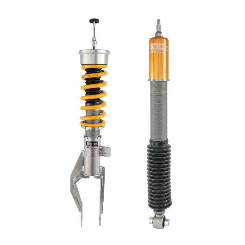 Ohlins Road & Track Coilovers DFV 1-way for Tesla Model 3 4WD 2017+, TUV approved, mounted on a Tesla Model 3.