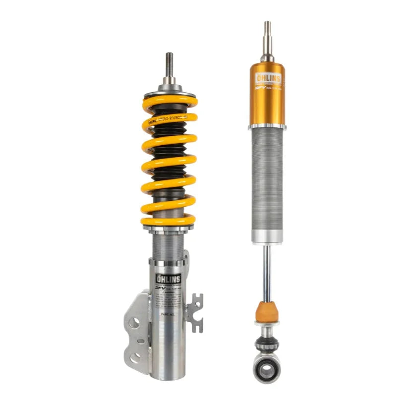 Ohlins Road & Track DFV 1-way coilovers installed on a Toyota Yaris GR, showcasing adjustable suspension for enhanced performance.