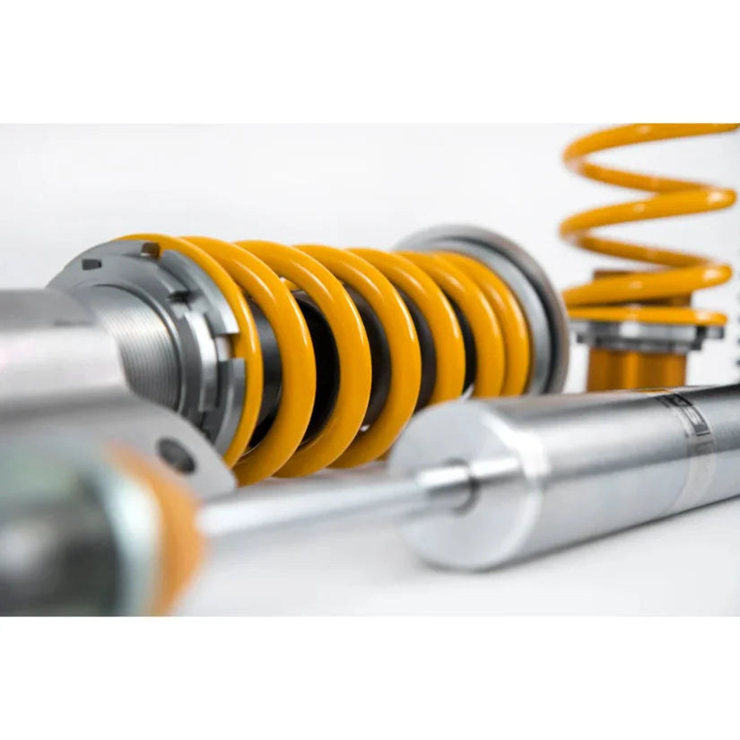 Ohlins Road & Track Coilovers DFV 1-way for Volkswagen Golf MK8 GTI and FWD models, TUV approved, shown installed on vehicle.