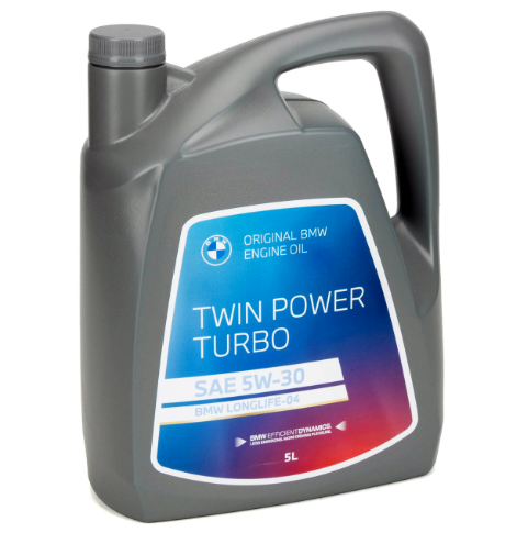 Genuine BMW TwinPower Turbo LL-04 5W-30 engine oil bottle, high-quality motor oil for BMW vehicles.