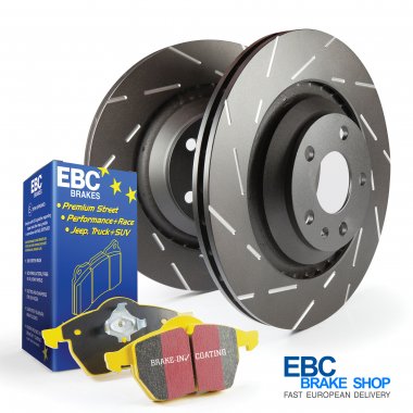 EBC rear PD08KR brake pad kit installed on a VW, Audi, Seat, Skoda, or Cupra calliper, showing the brake pads and disc components.
