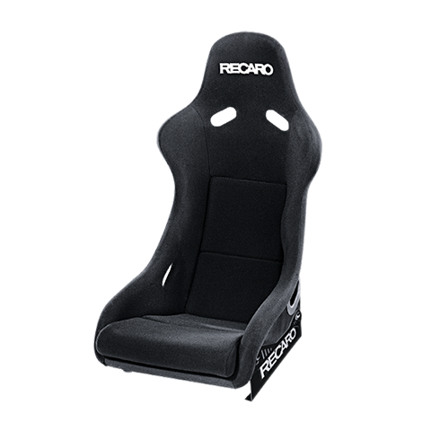 Recaro Pole Position Race Shell bucket seat with black Perlon Velour upholstery, designed for race car driving.