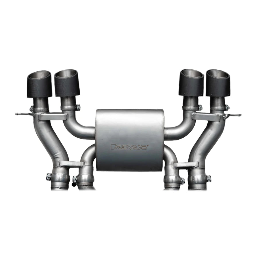 Remus BMW G87 M2 racing cat back exhaust system in stainless steel, showcasing sleek pipes and performance-oriented design.