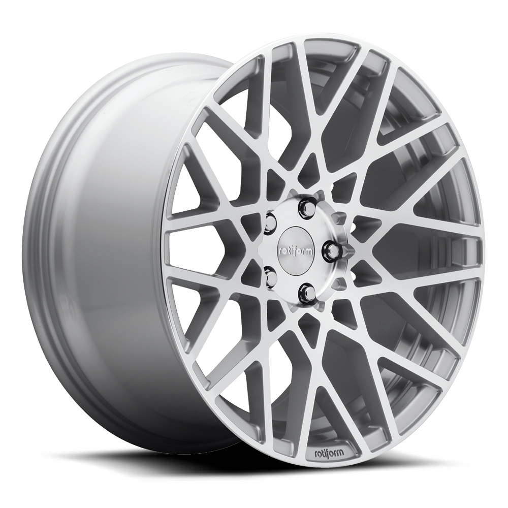 Rotiform BLQ black and machined silver 19-inch wheels, displayed with a close-up view of the alloy wheel design.