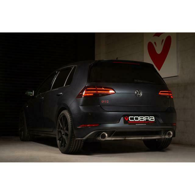 Cobra Sport VW Golf GTI Mk7.5 2.0 TSI Venom Box Delete Race Cat Back Exhaust system installed on a car.