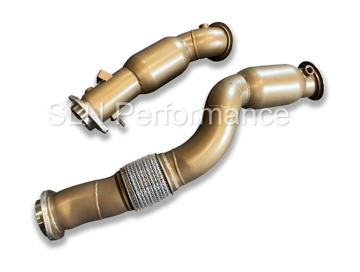 SLN Performance BMW S58 ceramic coated sports cat downpipes for M3 G80, M4 G82, X3M, X4M LCI with stainless steel finish