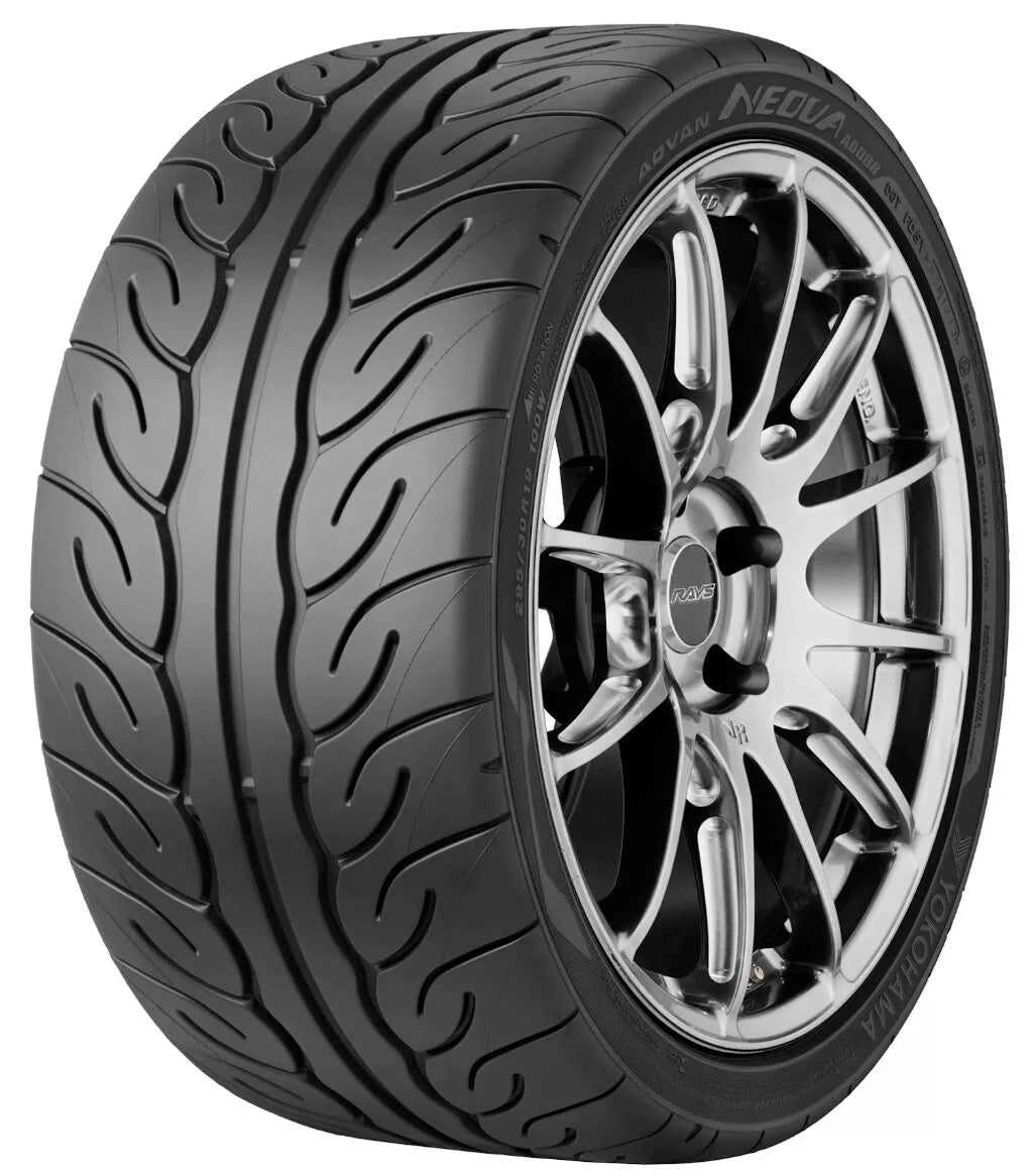 Yokohama Advan 08RS tires with tread pattern and sidewall details, designed for high-performance driving.