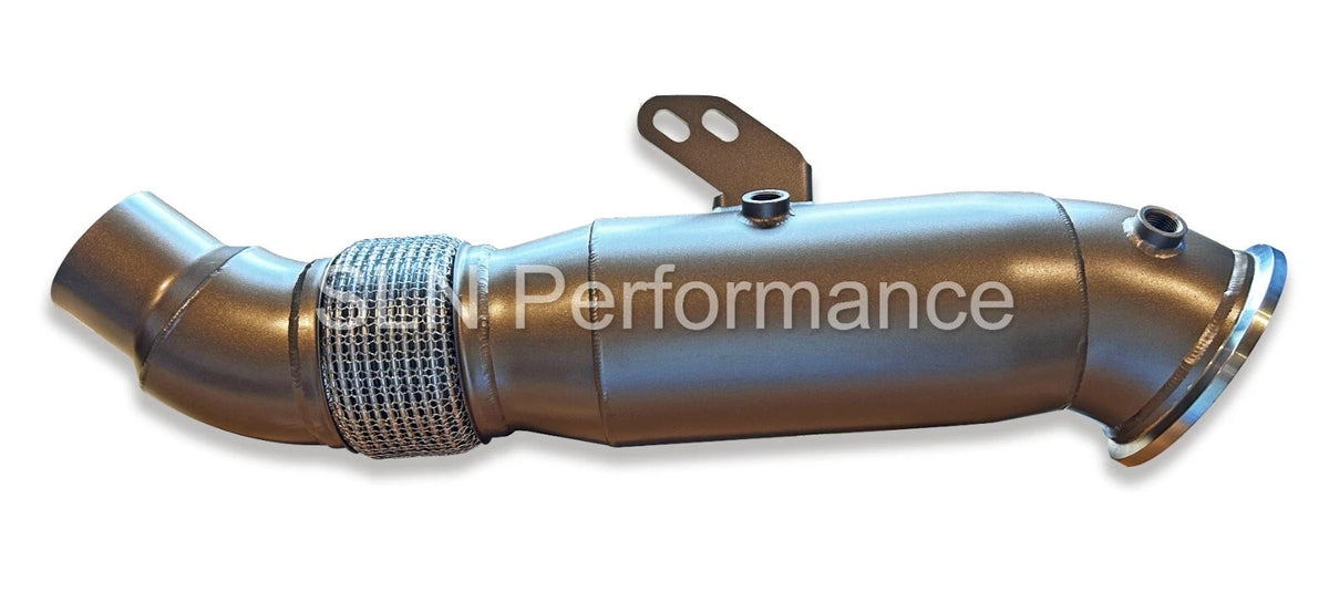 SLN Performance BMW B58 5-inch ceramic coated decat downpipe for M140i, M240i, and 440i with exhaust connection details