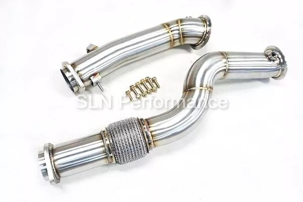 SLN Performance BMW S58 decat downpipe for M2 G87, M3 G80, M4 G82, X3M, X4M LCI, showing the metal pipe and flange connection.