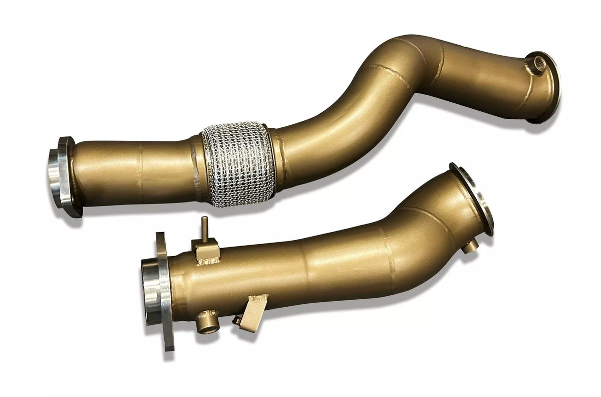 SLN Performance ceramic coated BMW S58 decat downpipes for M3 G80, M4 G82, X3M, X4M LCI, 3.5-inch exhaust pipes