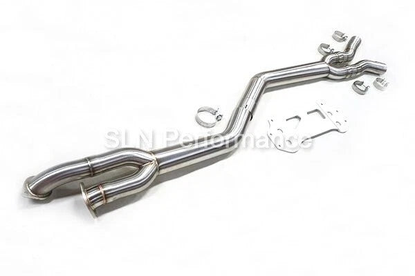 SLN Performance BMW S58 M3 G80 M4 G82 X3M X4M LCI single mid pipe center section with under-brace, stainless steel exhaust part.