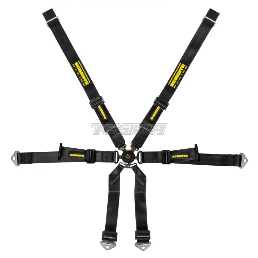 Red Schroth 6-point 2x2 OEM Porsche 981 racing harness with adjustable straps and secure buckles for safety and performance.
