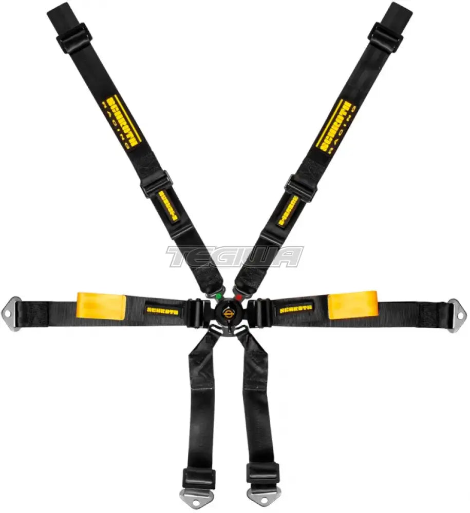 Schroth 6-point 2x2 OEM Porsche Enduro harness with black straps and buckle, designed for Porsche 991 and 981 models.